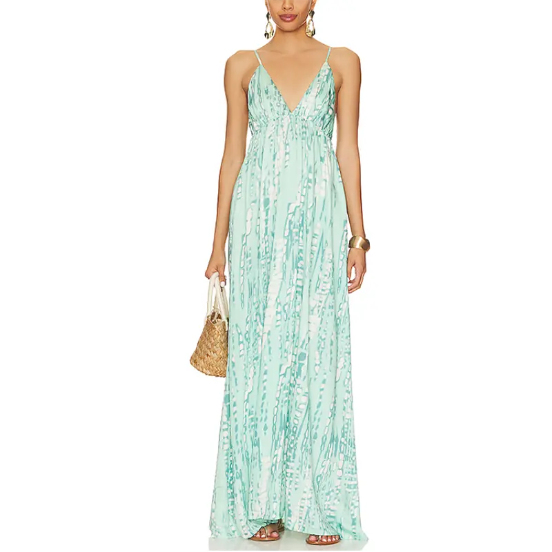 SS230714 Rayon Stripe Digital printed long adjustable strape cup long Lightweight, flowing fabric with ruffled hem Max dress