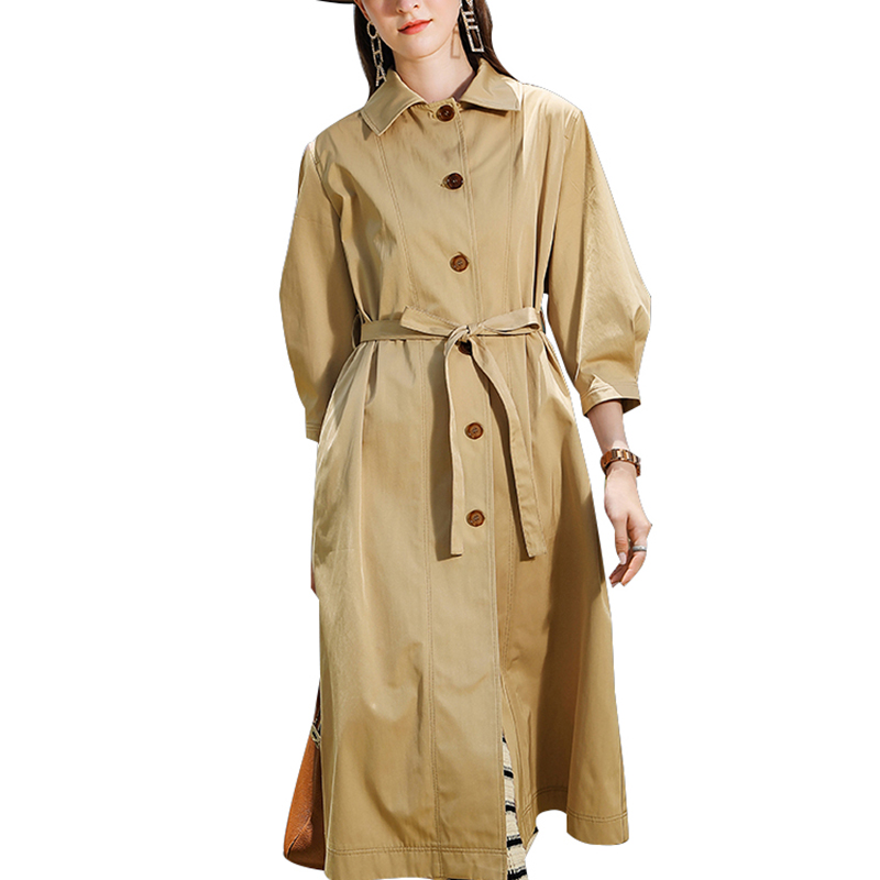 SS23102 Wash Cotton Plain Button up Mid sleeve Back Vent  Tied waist belt Long Coat Jacket (3)