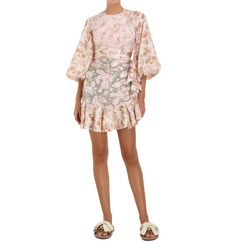 SS2367 Cotton Linen Digital Printed Cut Out Frill Mini Dress (1)