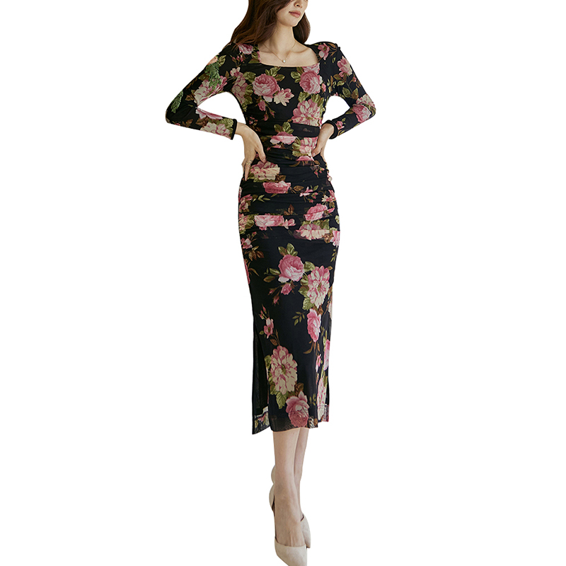 SS2348 Mesh Digital Printed Squared Neck long Sleeve Long Dress Featured Image