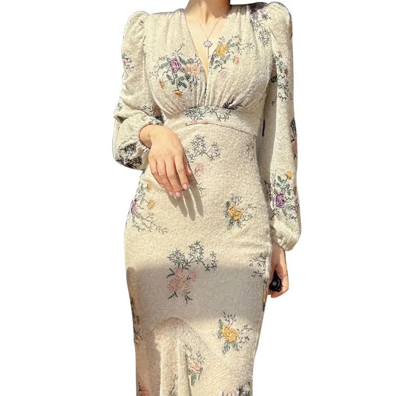 Cotton stretch weaved printing V neck puff sleeve asymmetry bodice dress