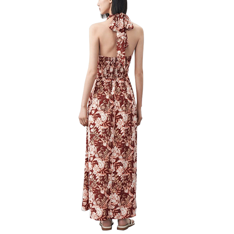 Rayon Ditial Printed V neck Backless Crinkled wasit Long Dress (3)