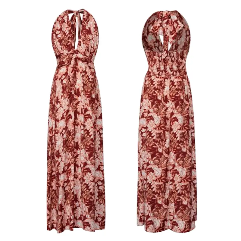 SS2388 Viscose/Rayon Ditial Printed V neck Backless Crinkled wasit Long Dress