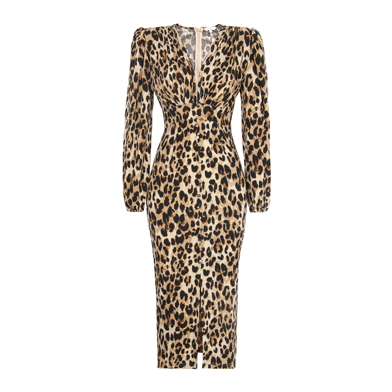 SS2312 Rayon V neck Wrap Skinny High Split Long Sleeve Leopard Digital midi dress  (1)