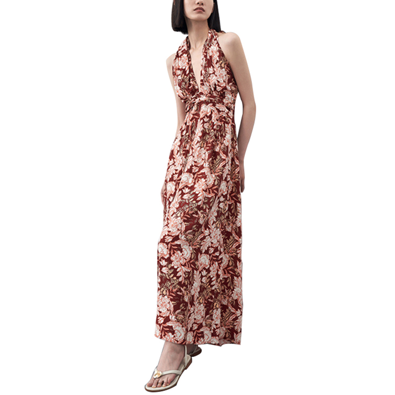 Rayon Ditial Printed V neck Backless Crinkled wasit Long Dress (1)