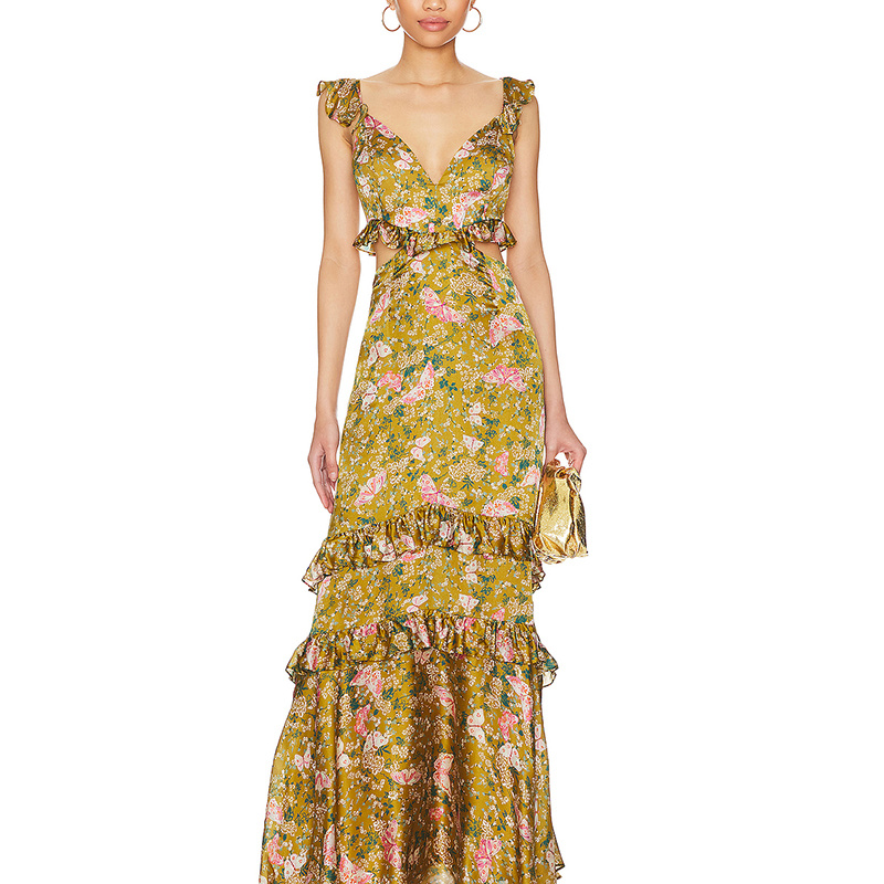 SS2381 Viscose Digital Printed Deep Neck Cut Out Waist Frill Long Dress (2)