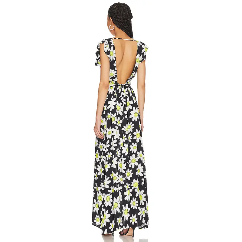 SS2380 Cotton Voile Digital Printed Deep V neck Frill High Split long Dress