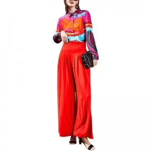 SS23109 Cotton Placement Digital Printed Button Up Long Sleeve Blouse Shirts