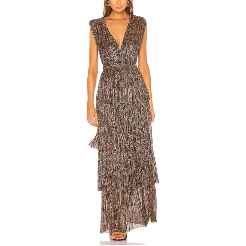 SS230718 Sliver Gold Multicolored Please mesh drop V neck Adjusted Neck tied Long dress