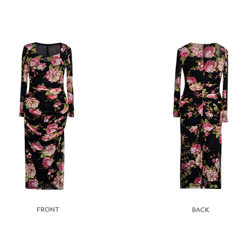 SS2348 Mesh Digital Printed Squared Neck long Sleeve Long Dress (4)
