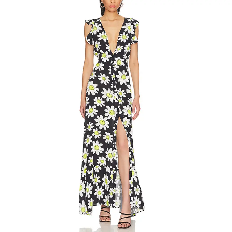 SS2380 Cotton Voile Digital Printed Deep V neck Frill High Split long Dress Featured Image