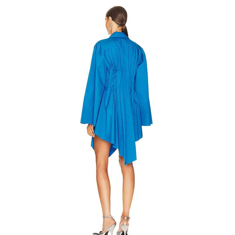 SS2383 Cotton Linen Plain Pleated Shirt Irregular Mini Loose Dress