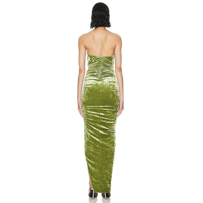SS230701Ruched velvet Tube High Split Shoulder off Long Dress