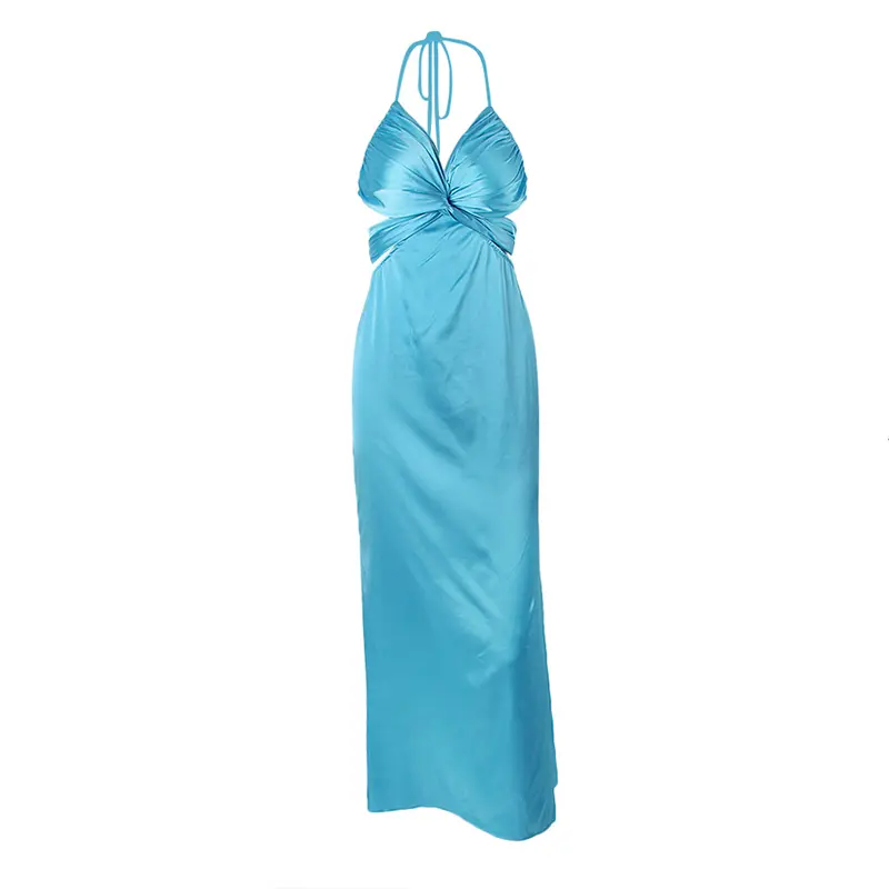 SS23108 Satin Silk Plan Cut Chest Tied Neck tied Waist Backless Long Dress Featured Image
