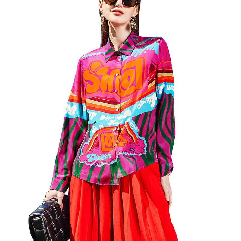 SS23109 Cotton Placement Digital Printed Button Up Long Sleeve Blouse Shirts  (2)