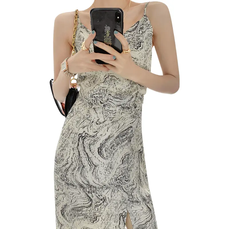 Cotton stretch digital print slip suspenders v neck midi dress