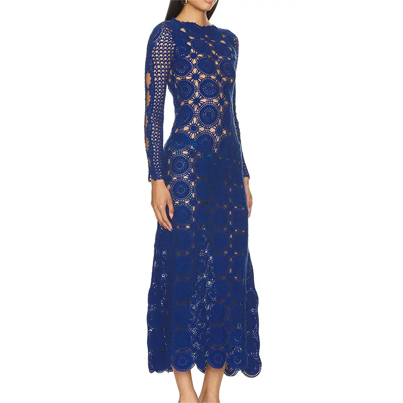 771 100% Cotton Sexy Open Crochet Knit Long Sleeve Dress