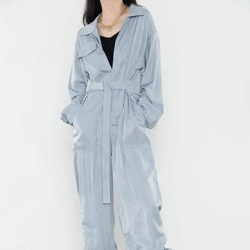 SS23114 Tencel Cotton Wash Blue Shirt Neck long sleeve Pant belt Playsuit Jumper