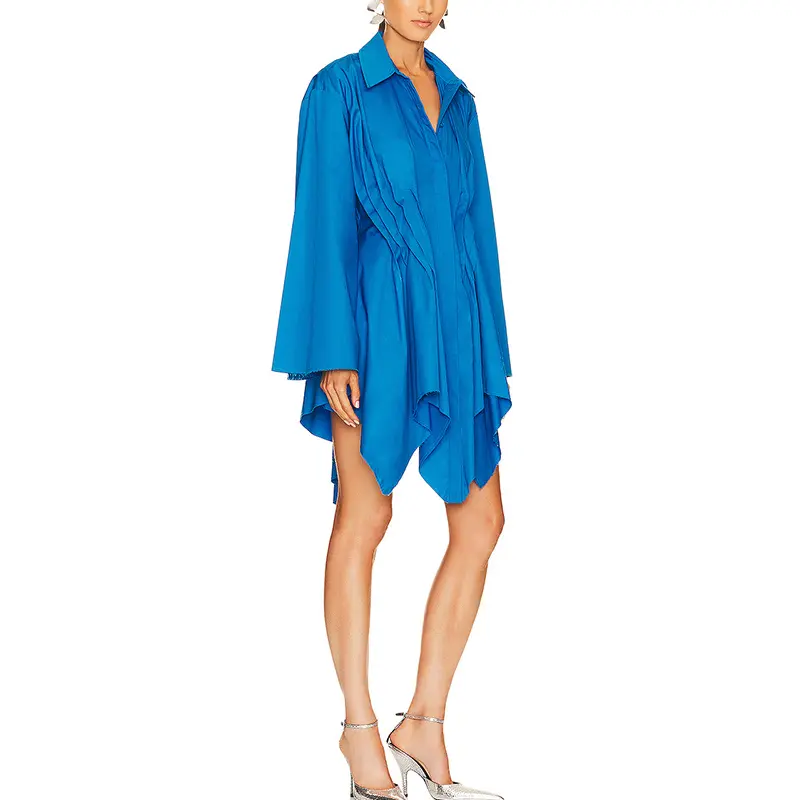 SS2383 Cotton Linen Plain Pleated Shirt Irregular Mini Loose Dress