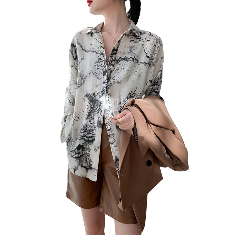 SS2305 Satin Silk ink digital print long sleeve womens blouse shirts