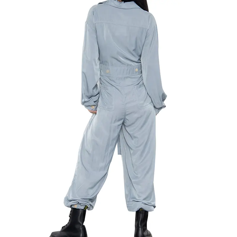 SS23114 Tencel Cotton Wash Blue Shirt Neck long sleeve Pant belt Playsuit Jumper