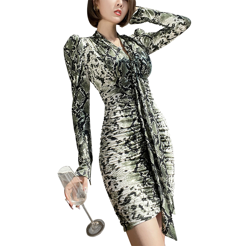 SS2315 Mesh Digital Leopard Printed Knight Long Sleeve Tied Neck Mini Dress (1)