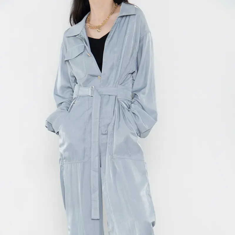 SS23114 Tencel Cotton Wash Blue Shirt Neck long sleeve Pant belt Playsuit Jumper