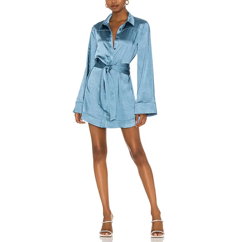 SS2382 Cupro Plain Long Sleeve Belt Buttoned Shirt Dress