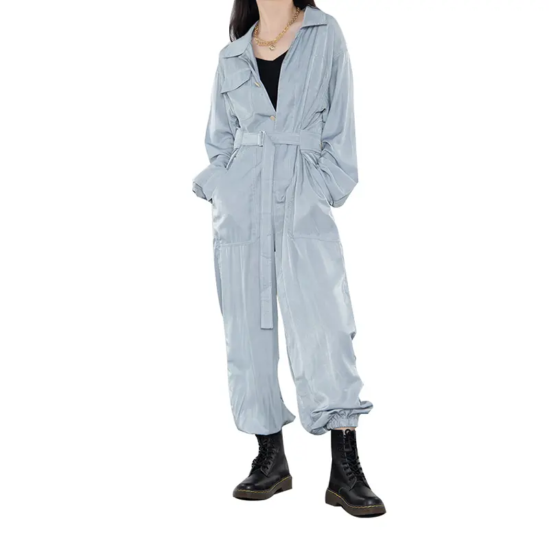 SS23114 Tencel Cotton Wash Blue Shirt Neck long sleeve Pant belt Playsuit Jumper (3)