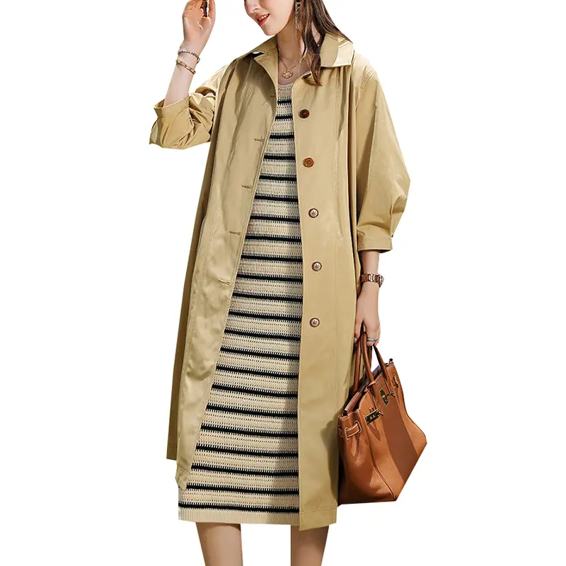 SS23102 Wash Cotton Plain Button up Mid sleeve Back Vent  Tied waist belt Long Coat Jacket