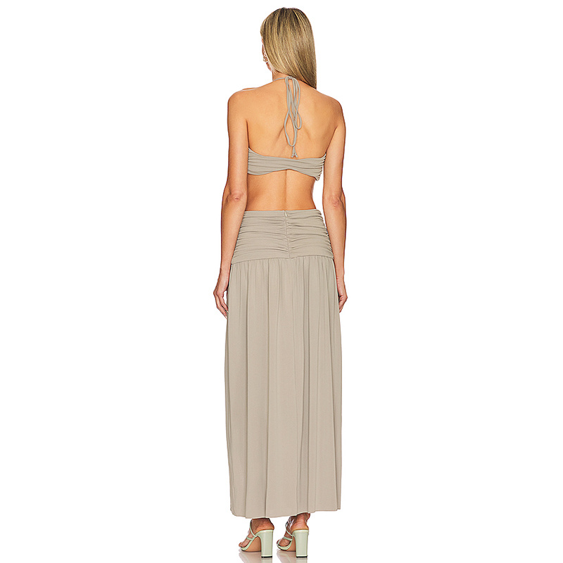 SS2379 Viscose Nature Plain cover Boob Tied neck cut out High Split Long dress (4)