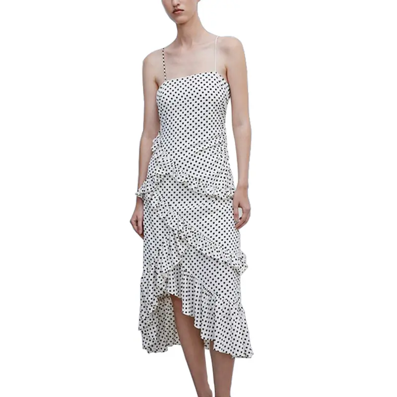 SS2387 ViscoseCotton Dot Printed Suspender Slip Dress Shoulder off Frill Long Dress  (2)