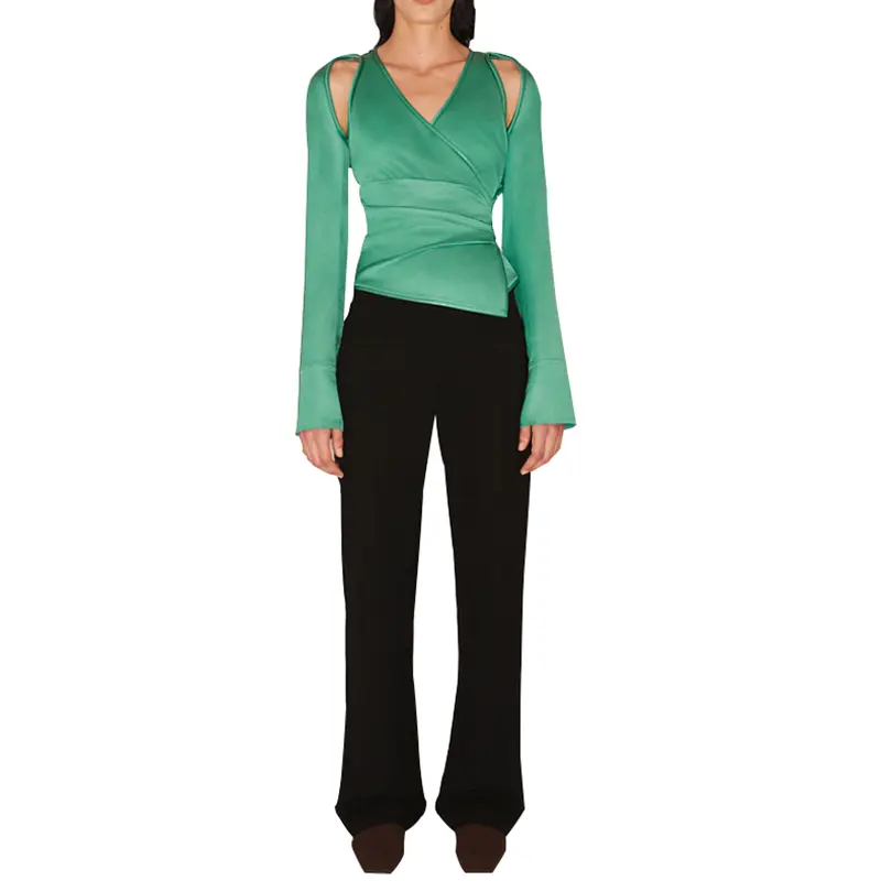 SS2328 Cupro Cut Out Long Sleeve V neck Womens Blouse Skirts