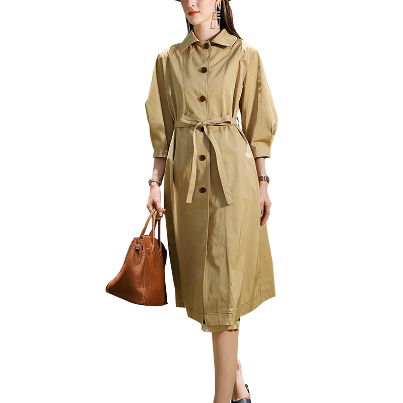SS23102 Wash Cotton Plain Button up Mid sleeve Back Vent  Tied waist belt Long Coat Jacket (4)