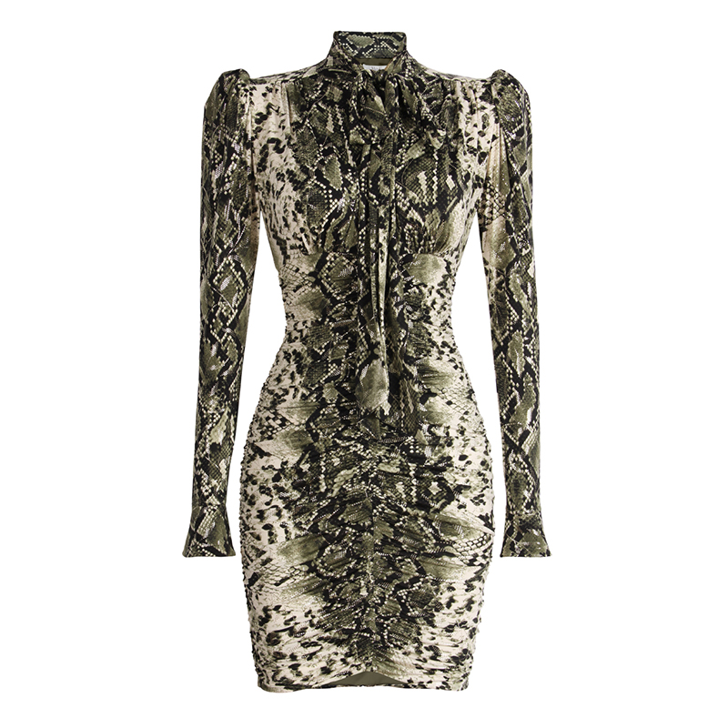 SS2315 Mesh Digital Leopard Printed Knight Long Sleeve Tied Neck Mini Dress (4)