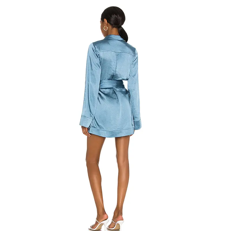 SS2382 Cupro Plain Long Sleeve Belt Buttoned Shirt Dress