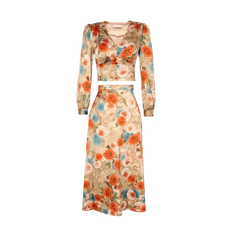 SS2310 Satin Silk Digital Printed V neck Long sleeve Crop Top Blouse Slim straight Skirts