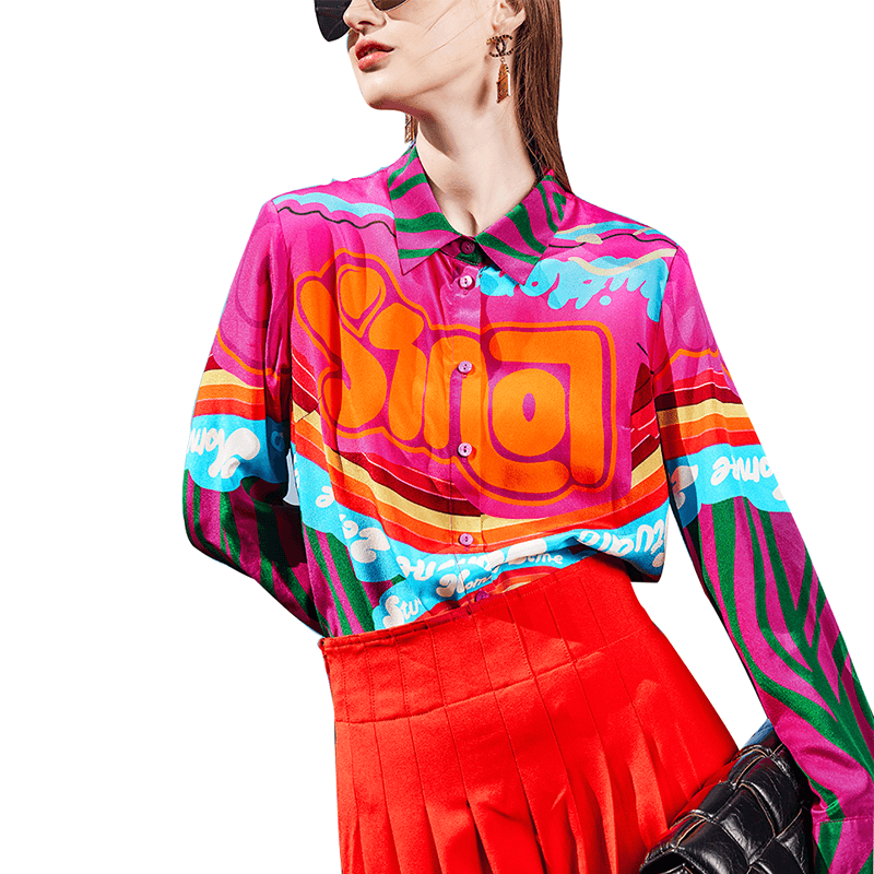 SS23109 Cotton Placement Digital Printed Button Up Long Sleeve Blouse Shirts  (1)