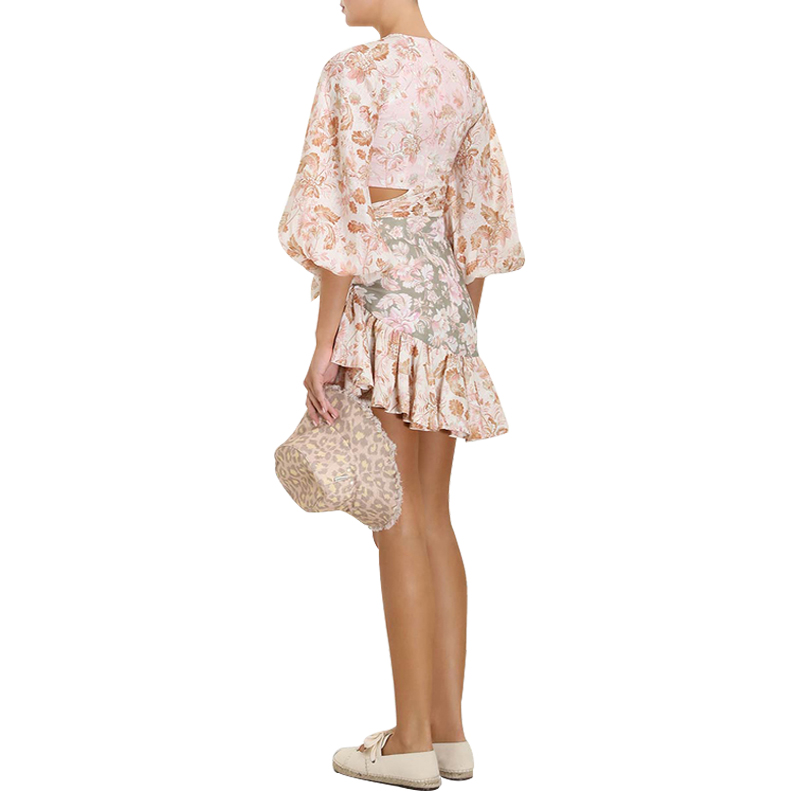 SS2367 Cotton Linen Digital Printed Cut Out Frill Mini Dress (2)