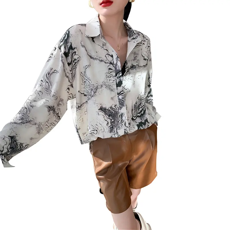 SS2305 Satin Silk ink digital print long sleeve womens blouse shirts