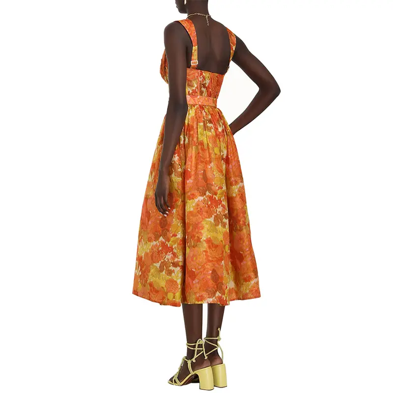 SS2368 Cotton Linen Digital Printed Crop Neck width Strape Puff Long Dress