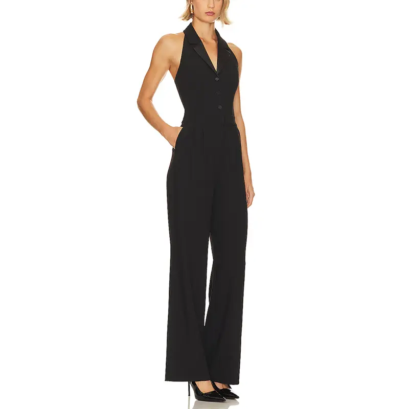 SS230740 Wool Blend Backless Lapel Neck Straight Pants Playsuit