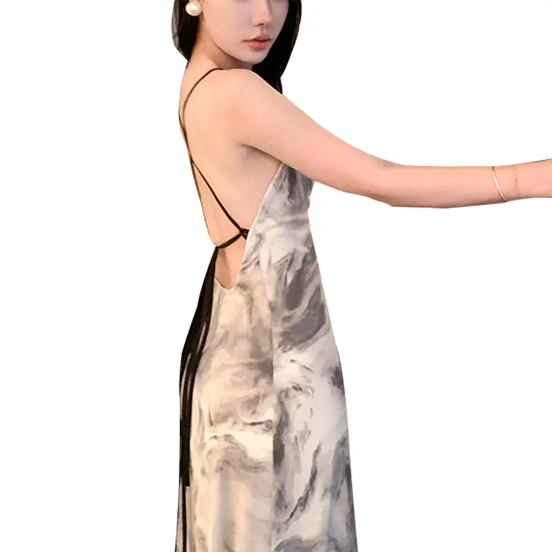 Stretch digital print slip suspenders crew neck midi dress