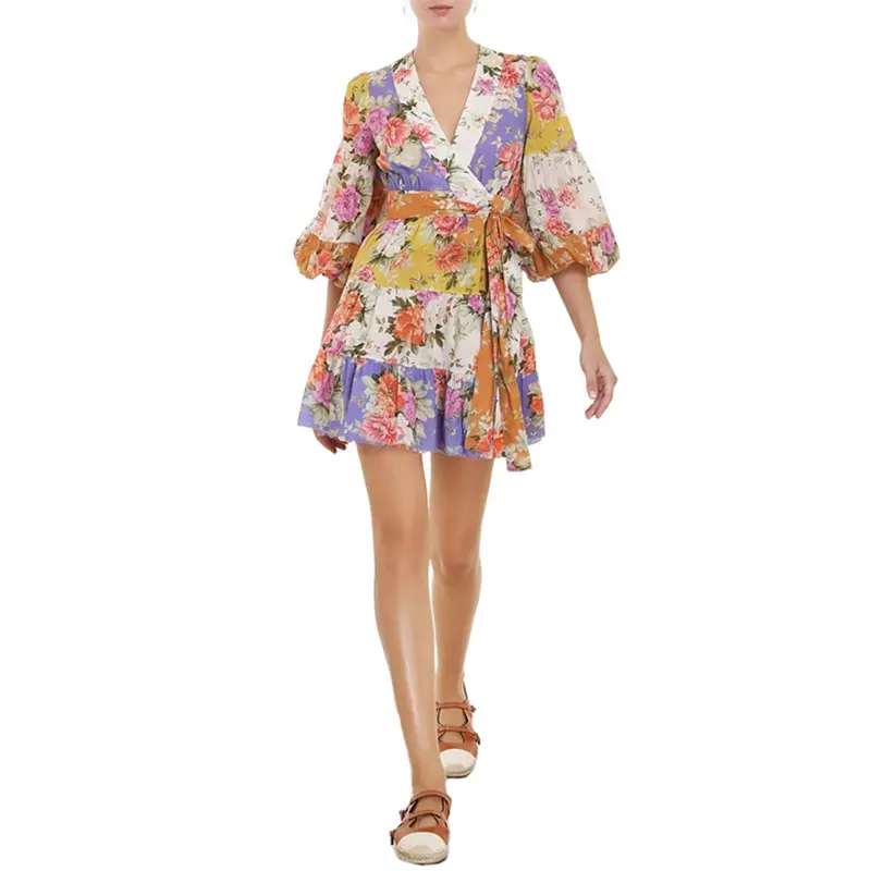 SS2365 Cotton Voile Digital Printed Mid L anternSleeve Wrap Tied mini dress Featured Image
