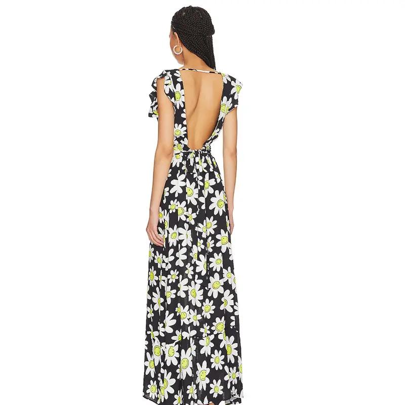 SS2380 Cotton Voile Digital Printed Deep V neck Frill High Split long Dress