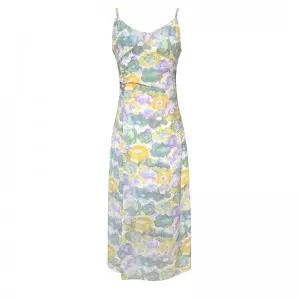 Cotton stretch digital print slip suspenders midi dress