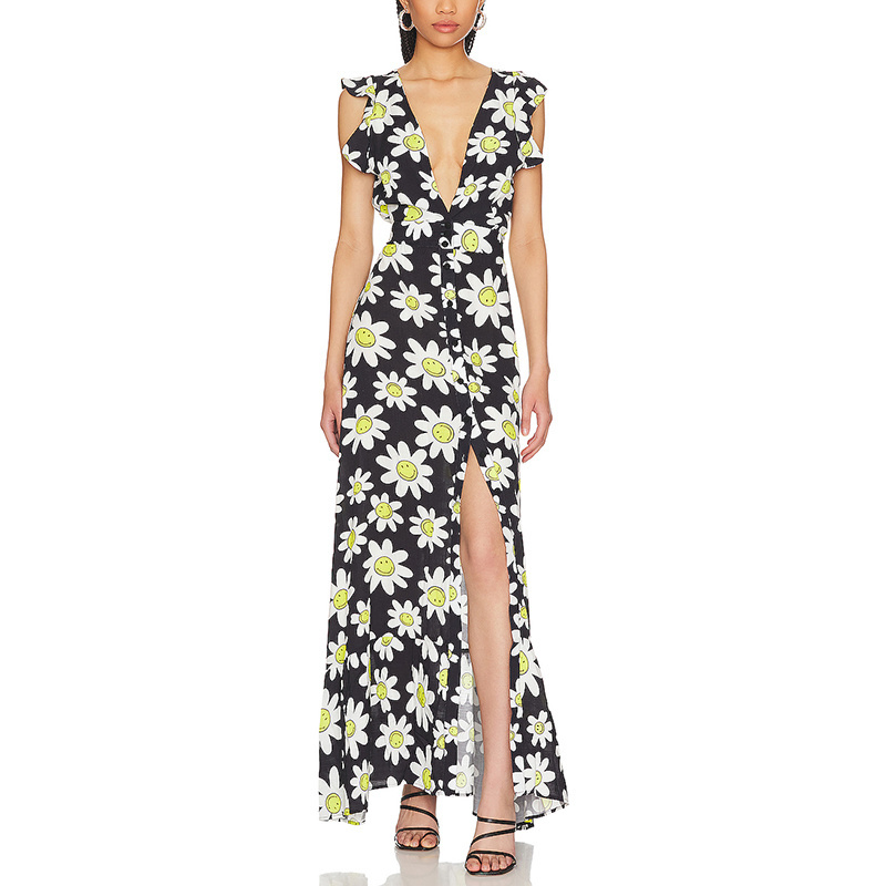 SS2380 Cotton Voile Digital Printed Deep V neck Frill High Split long Dress (2)