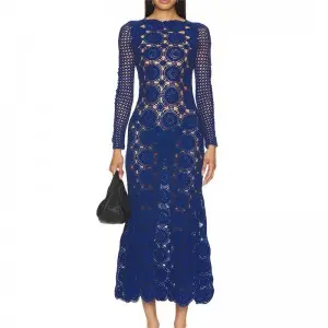 771 100% Cotton Sexy Open Crochet Knit Long Sleeve Dress