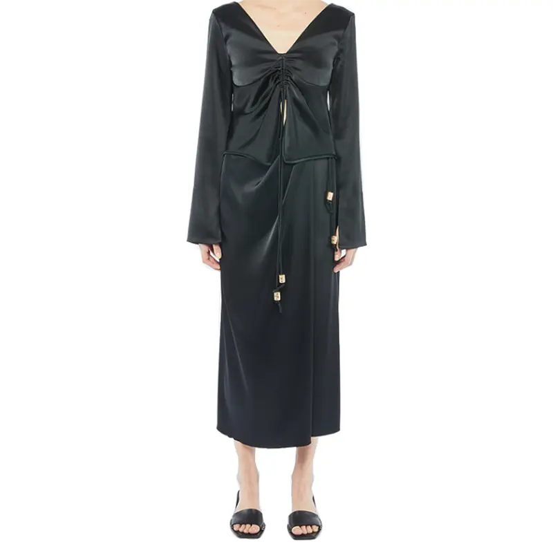 SS2329 Cupro Black V neck tied Crop top and Wrap tied skirts