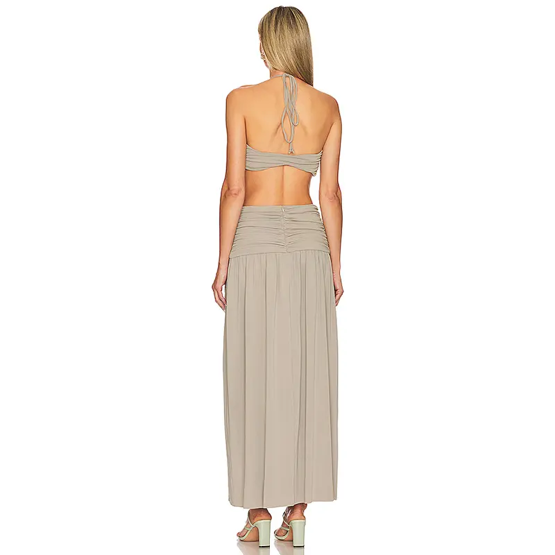 SS2379 Viscose Nature Plain cover Boob Tied neck cut out High Split Long dress